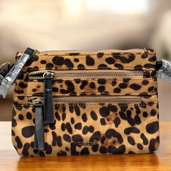 Bebe Leopard Print Faux Leather Crossbody Bag Multiple Zipper Compartments New - Picture 2 of 7
